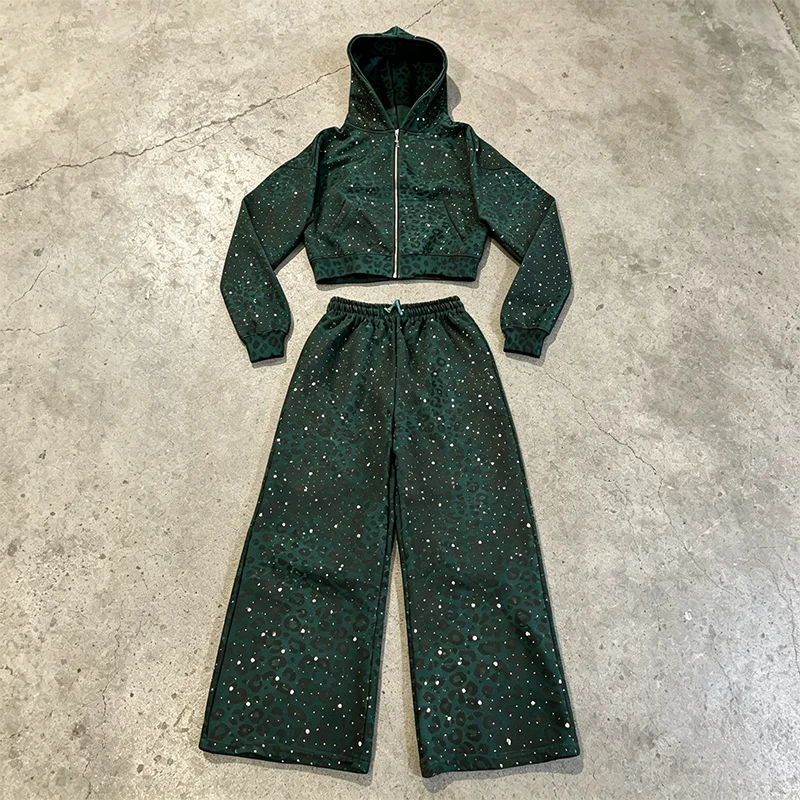 OEM Streetwear Heavyweight Cotton All Over Sublimation Printing Oversized Boxy Rhinestone Leopard Print Zipup Hoodie Men gallery 7