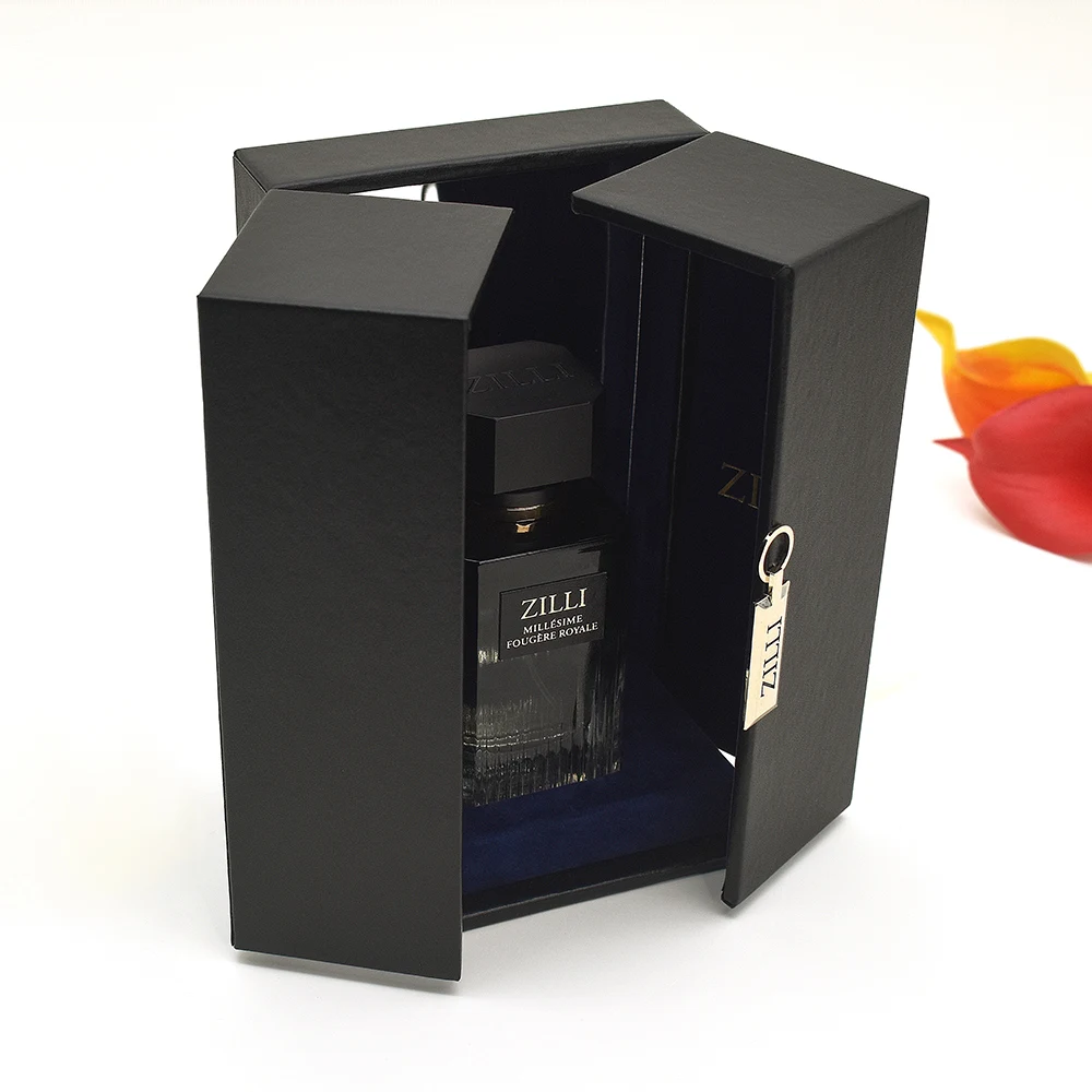 Customized Design Black Double Door Hard Cardboard Paper Empty Perfume Bottle Box Luxury Gift Perfume Packaging Box supplier