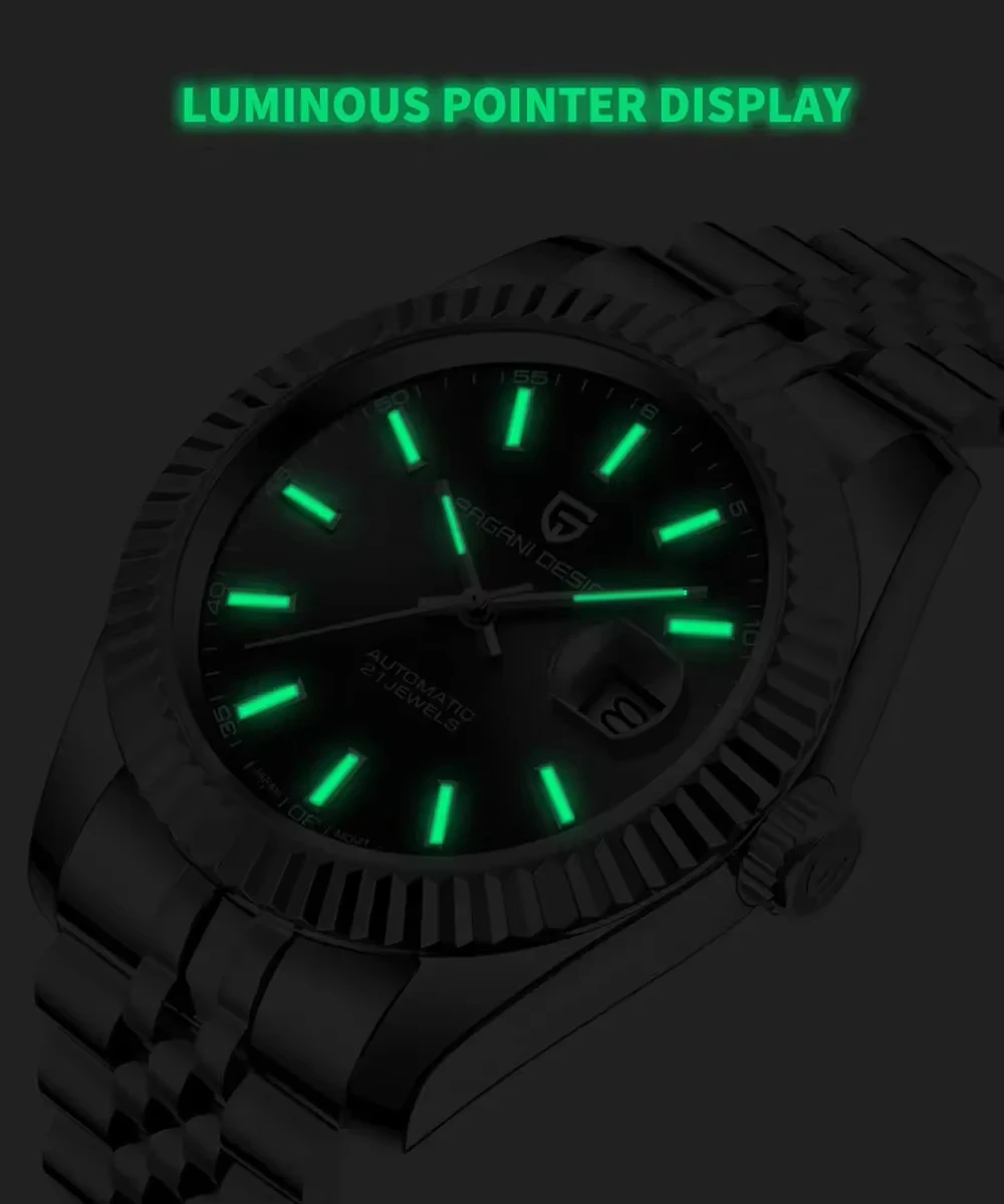 Pagani Design PD1645 - Orologio automatico da uomo, 42 mm, modello giapponese, datario, vetro zaffiro, impermeabile, 100 m, luminescenza, orologio sportivo da uomo, oro nero