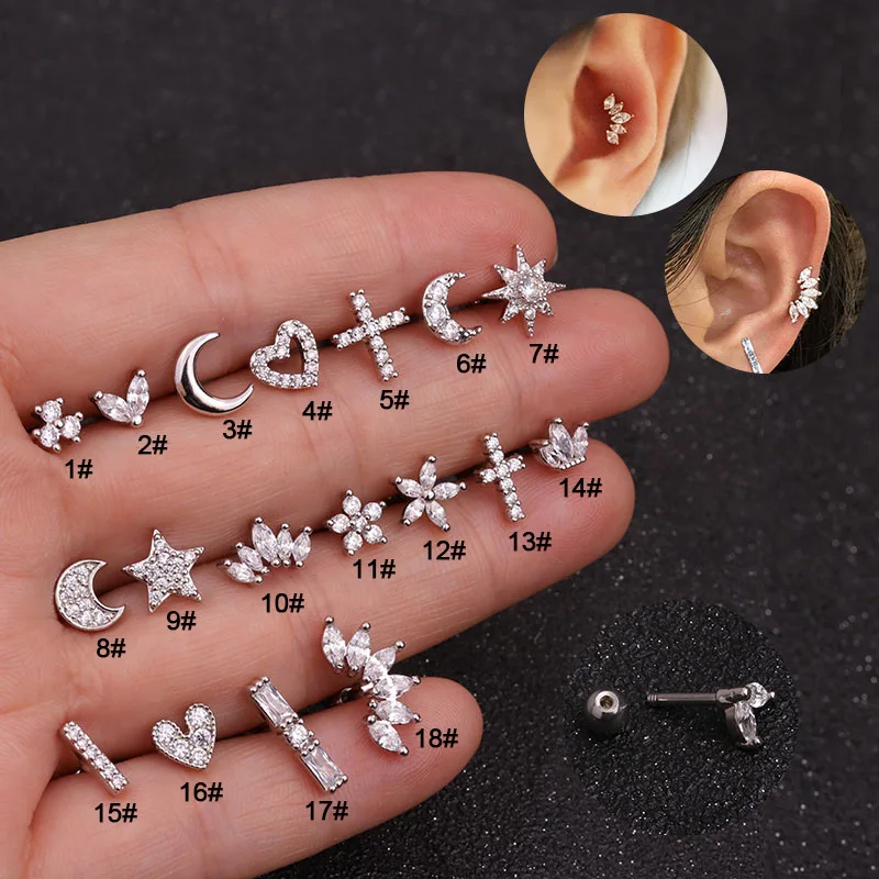 Fashion Flower Heart CZ Ear Helix Piercing Dangle Ear Studs Surgical Steel