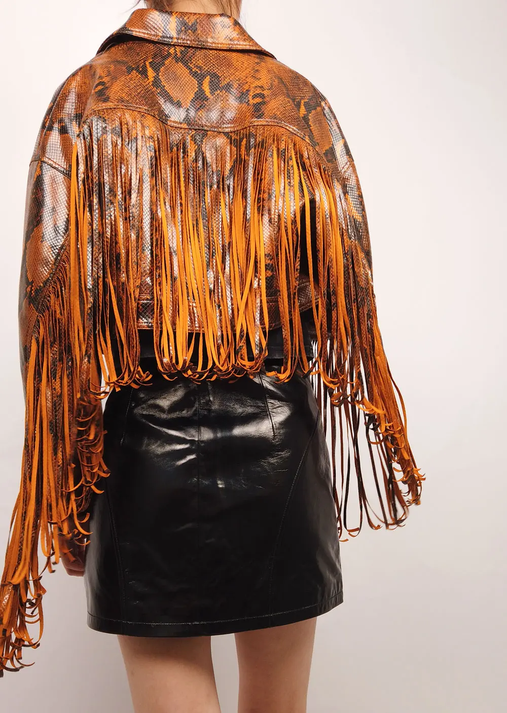Woman's Faux PU Leather Fringe Jacket with Crocodile Skin Pattern