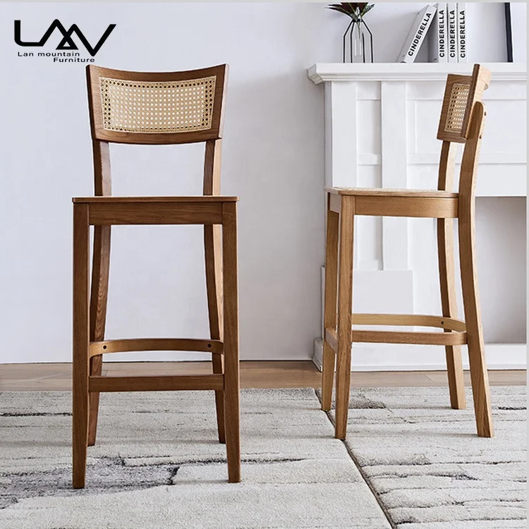 Nordic Design High Back Rattan Chair Solid Wood Bar Furniture