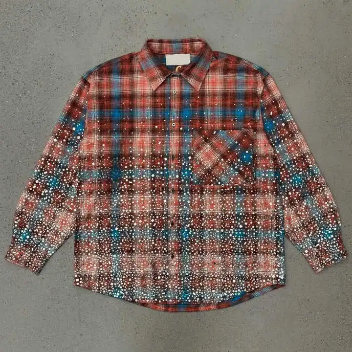 Salati Customize High Quality Diamond T-shirts Glitter Rhinestone Wash Button up Long Sleeve Boxy Check Plaid Flannel Shirts Men