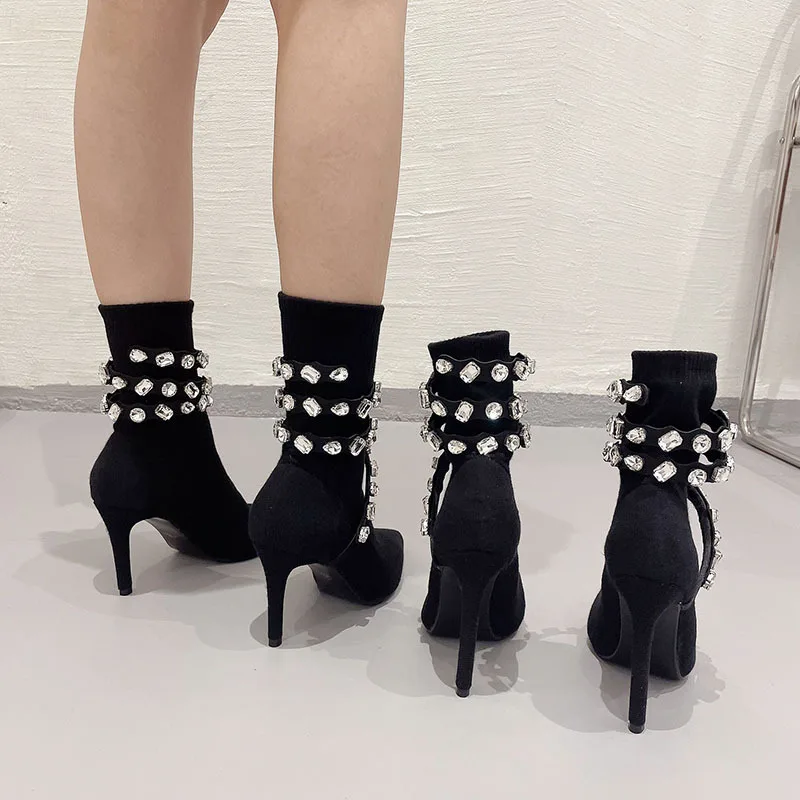 Winter Women Shoes Point Toe Black Platform Stiletto Heels Clear Rhinestone Ankle Short Boots - Image 5