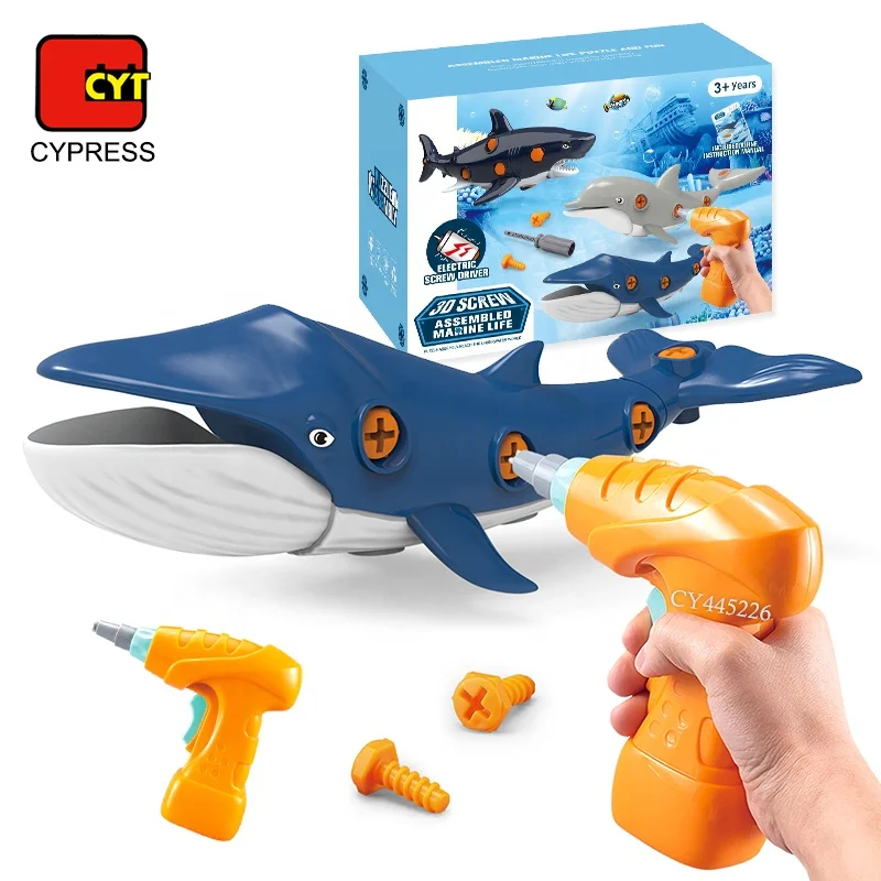 2022 New Design 3D Screw Assembled Marine Life Dolphin Shark Whale Electric Hand Drill Early Educational Toys Puzzle Toys