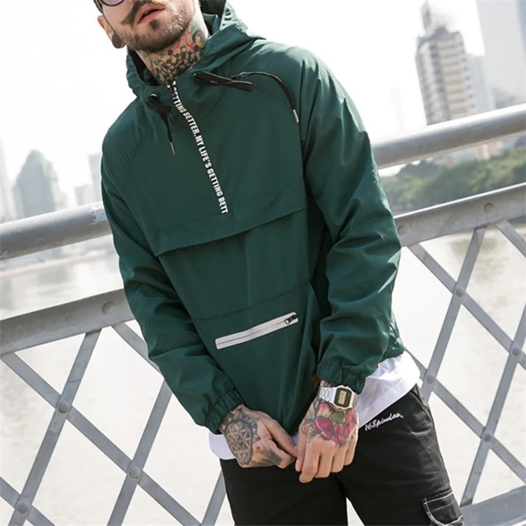 Wholesale Hip Hop Windbreaker Streetwear Men 100% Polyester Hooded Jackets  Casual Man Outdoor Custom Anorak Jacket
