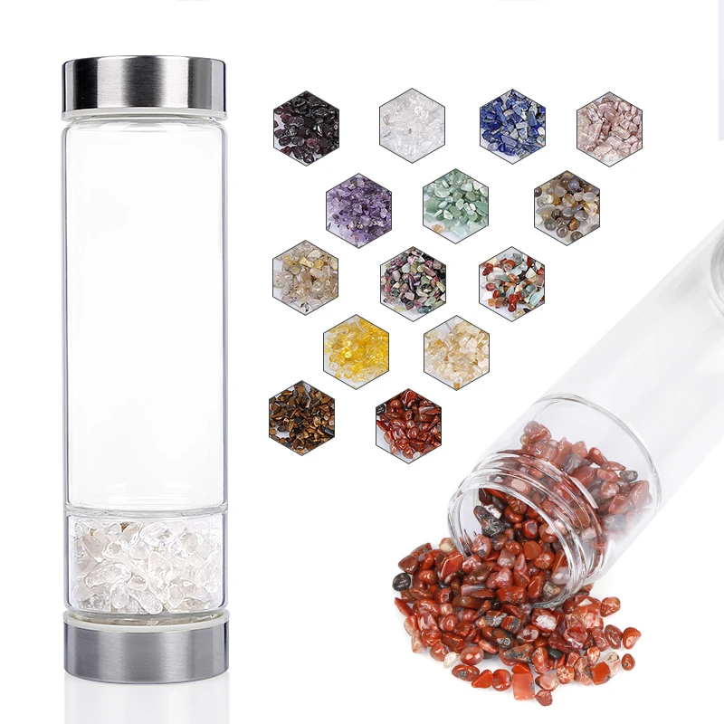 Custom Logo Elixir Filter Screen Stainless Steel Natural Rose Quartz Stone Healing Crystal Infused Glass Water Bottle