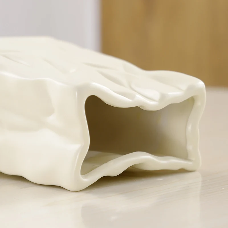 Factory Wrinkled Paper Bag Vase Ceramic Flower Pot for Home Garden Tabletop White Vases for Decor