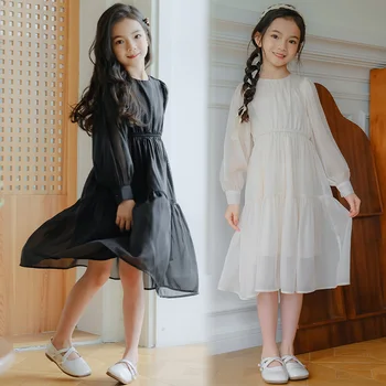 Girl Kids Chiffon Dress 2024 Spring New Little Girls White Black Princess Dress Long Sleeved Waist Wrapped Fairy Style Dress