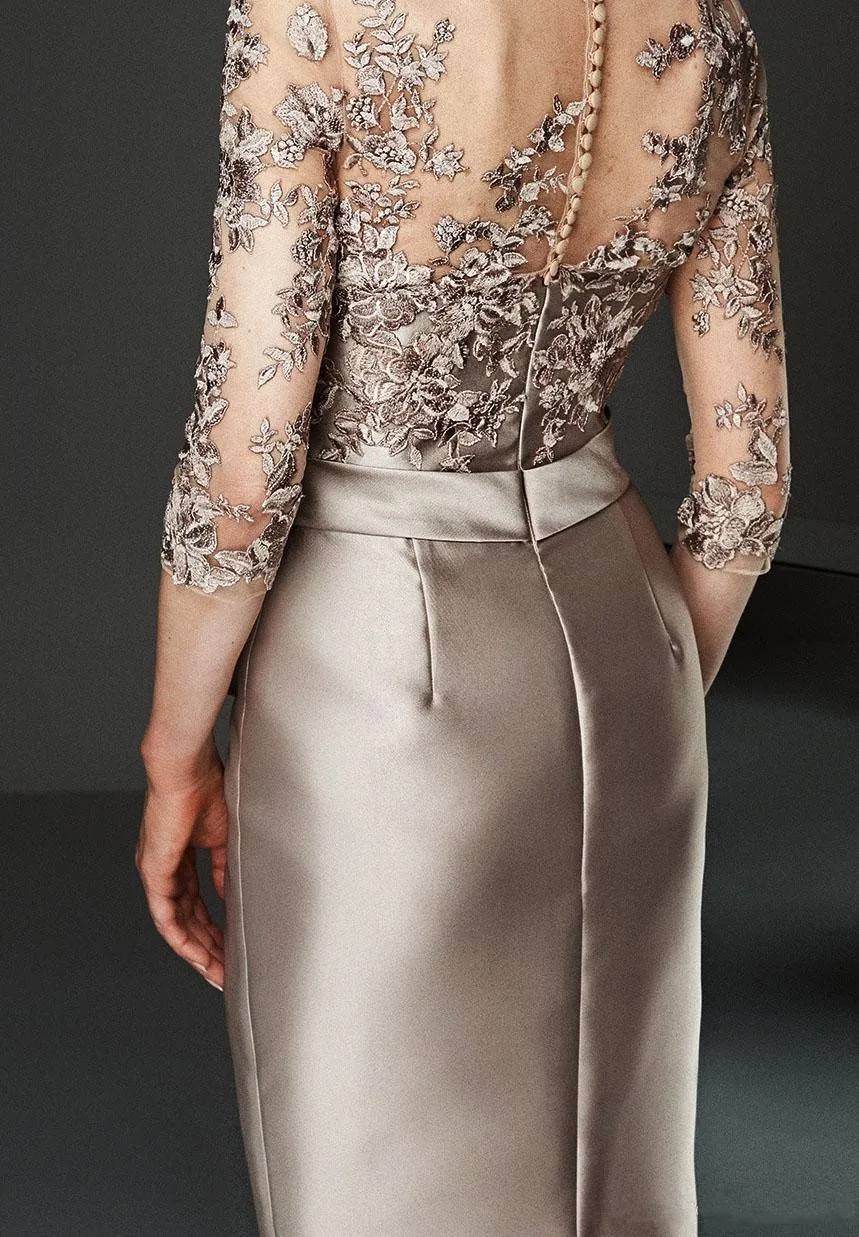 Illusion Three Quarter Sleeve Knee Length Women's Wedding Party Dress Lace  Satin Mother of the Bride Dress