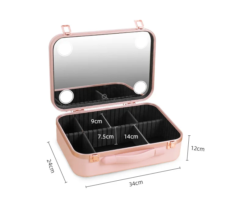 Luxury Portable Makeup Case with LED Mirror PVC and EVA Cosmetic Vanity Box Travel Vanity with Custom Logo and Zipper Closure