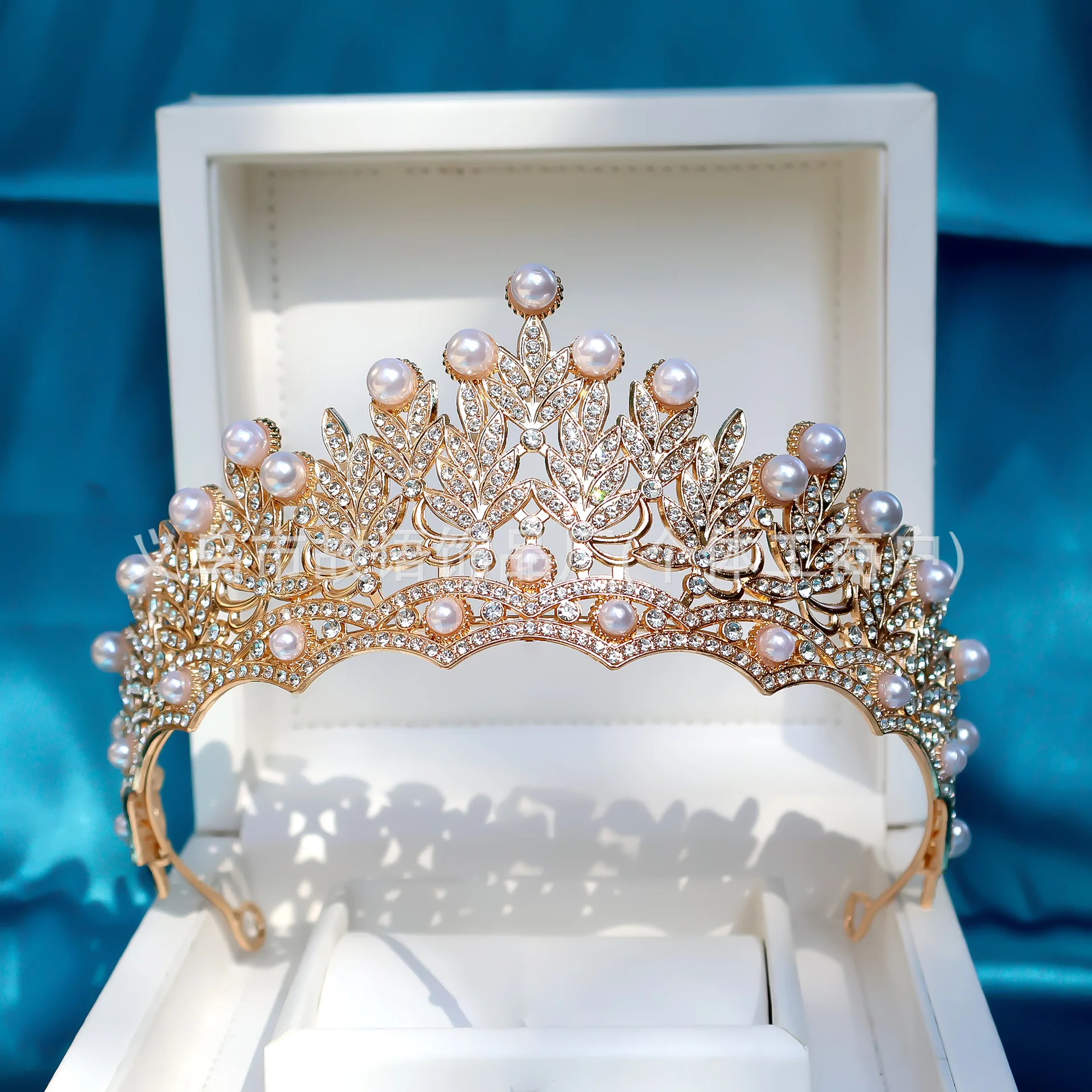 Gold Pearl Rhinestone Princess Baroque Tiara Crown Bridal 