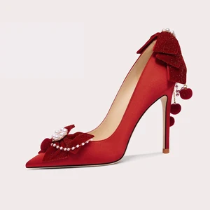 Women Wedding Shoes Fashionable High Heels Delicate Crystal High Heels Red High Heels Bow High Heels