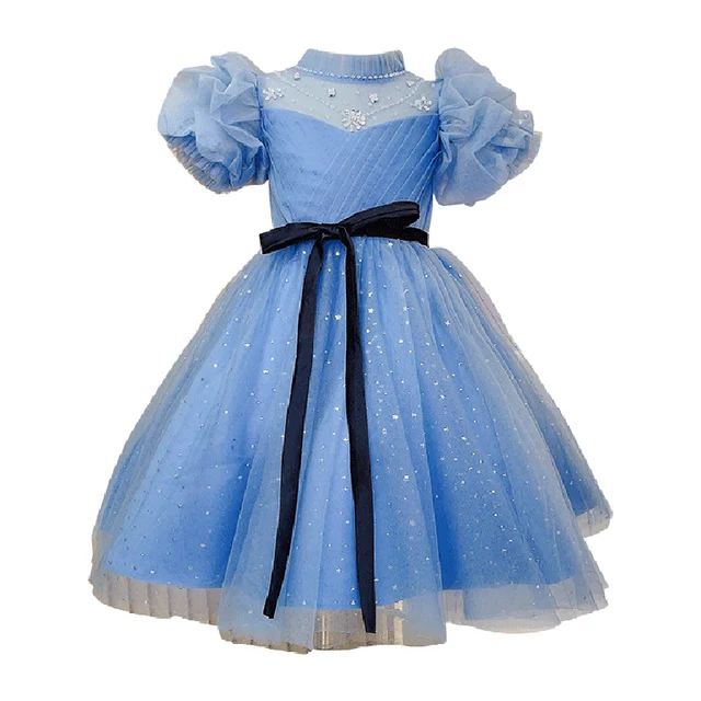 Factory outlet Sequined Clothes Puff sleeve Summer Short Sleeved Sky Blue Girls Dresses With Party