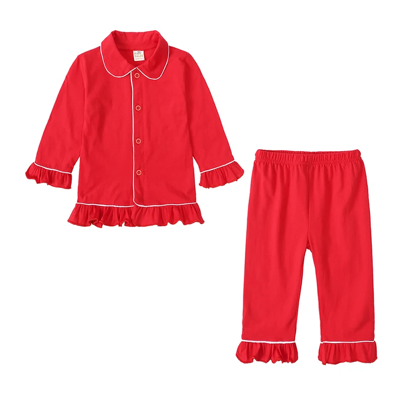 Wholesale Cotton Red Blank Kids Pajamas Set Piece Frill