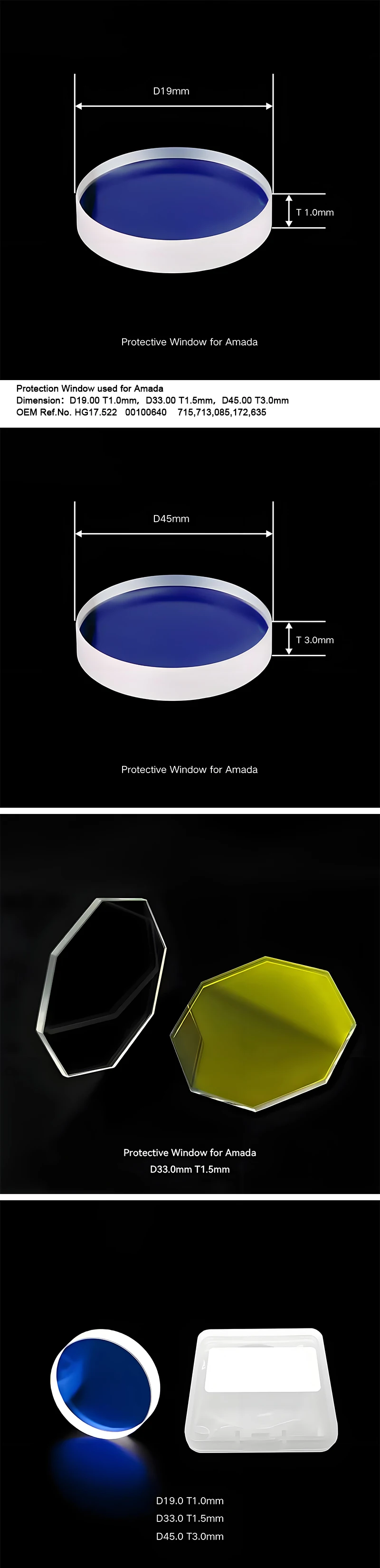 Raysoar New D19*1.0 D33*1.5 D45*3mm Octagonal Fiber Laser Protective Window Laser Protection Lens for Amada Consumables