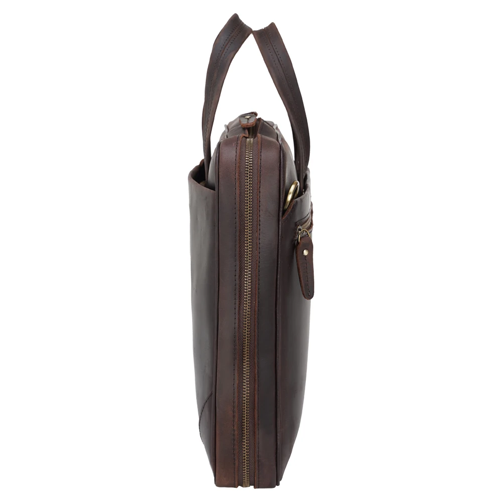 TIDING Custom Vintage Men Brown Slim Crossbody Genuine Leather Laptop Briefcase Bag