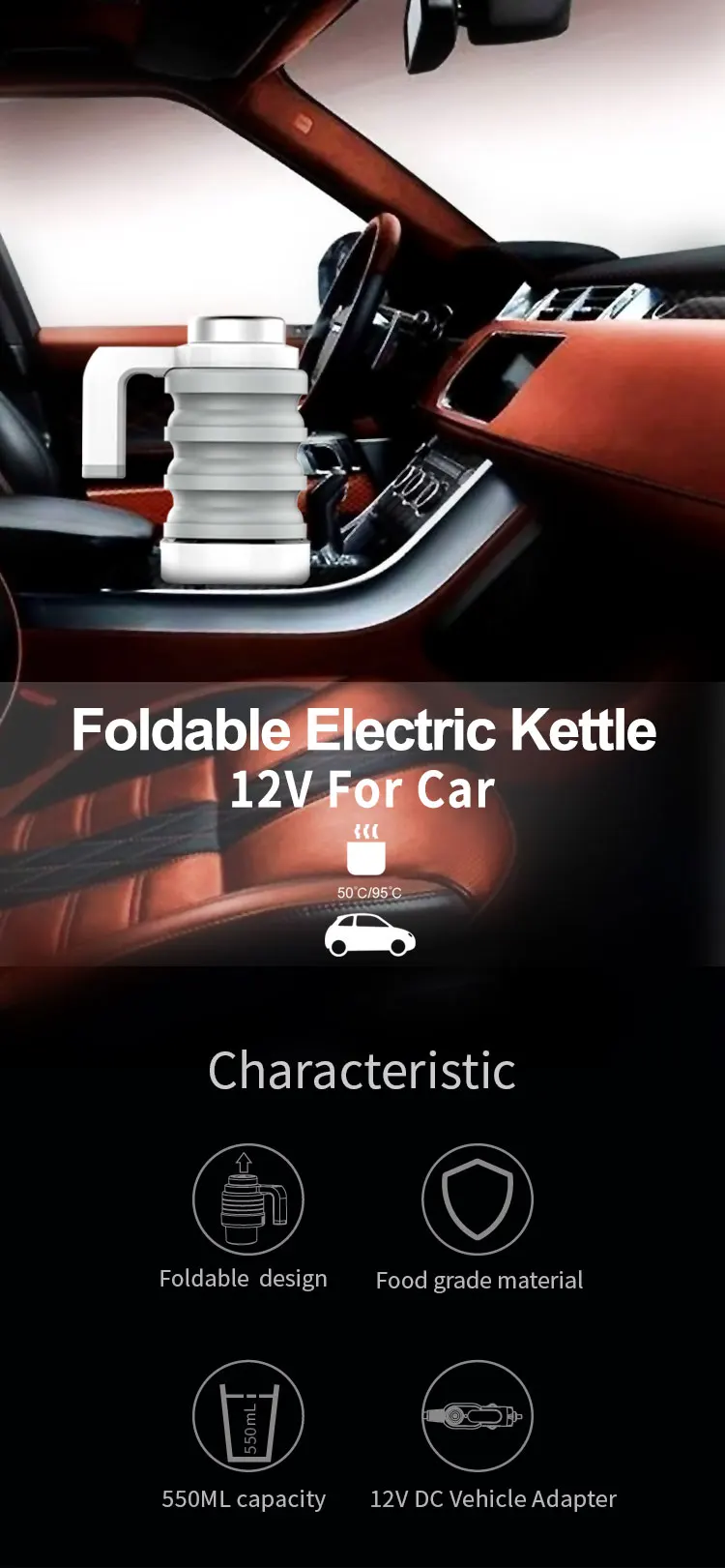 Fashionable 12V Travel Foldable Electric Kettle by Collapsable Design From Car Power Port for Camping & Travelling details