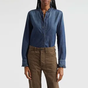 Clothing Manufacturers Custom Spring Summer Autumn Women's Casual Ruffle Button-Up Long Sleeves Denim Shirt