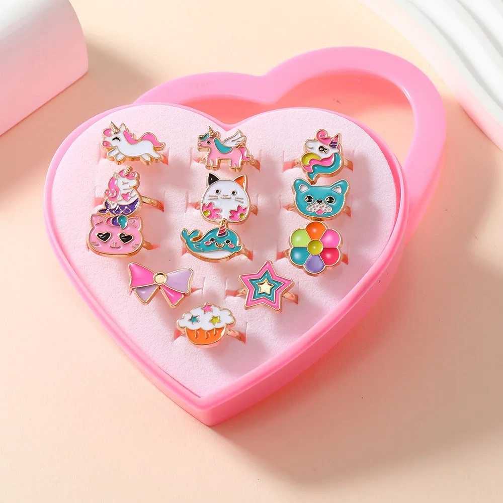 Little Girl Jewel Rings in Box, Adjustable, No Duplication, Girl Pretend Play and Dress Up Rings