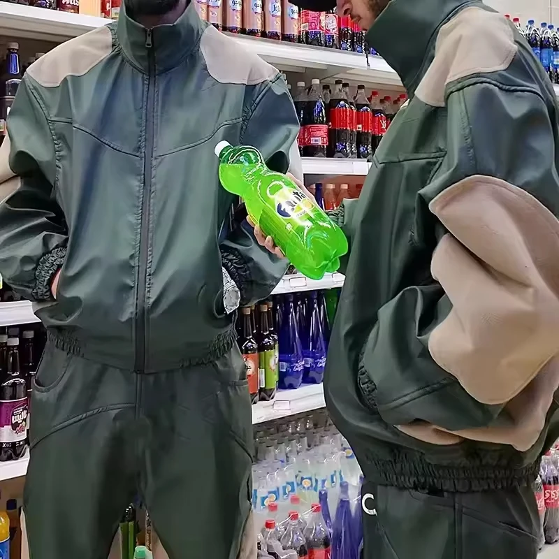 Manufacturer Leather Track Suit Custom Two Piece Cargo Men Outfits Windbreaker Retro Leather Zip up Tracksuits for Men gallery 3