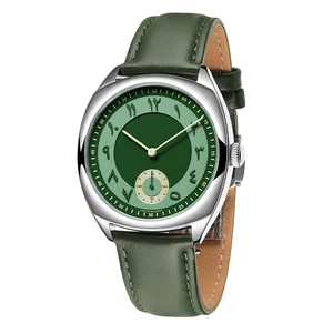 New Luxury Mens Arabic Numeral Japanese Quartz Stainless Steel Case Leather Strap Green Dial Man and Woman Couple Watch