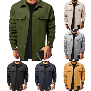 Men Button-down Shirt Jacket Long-sleeve Solid Color Jacket Stylish Men's Lapel Jacket with Flap Pockets Casual for Handsome