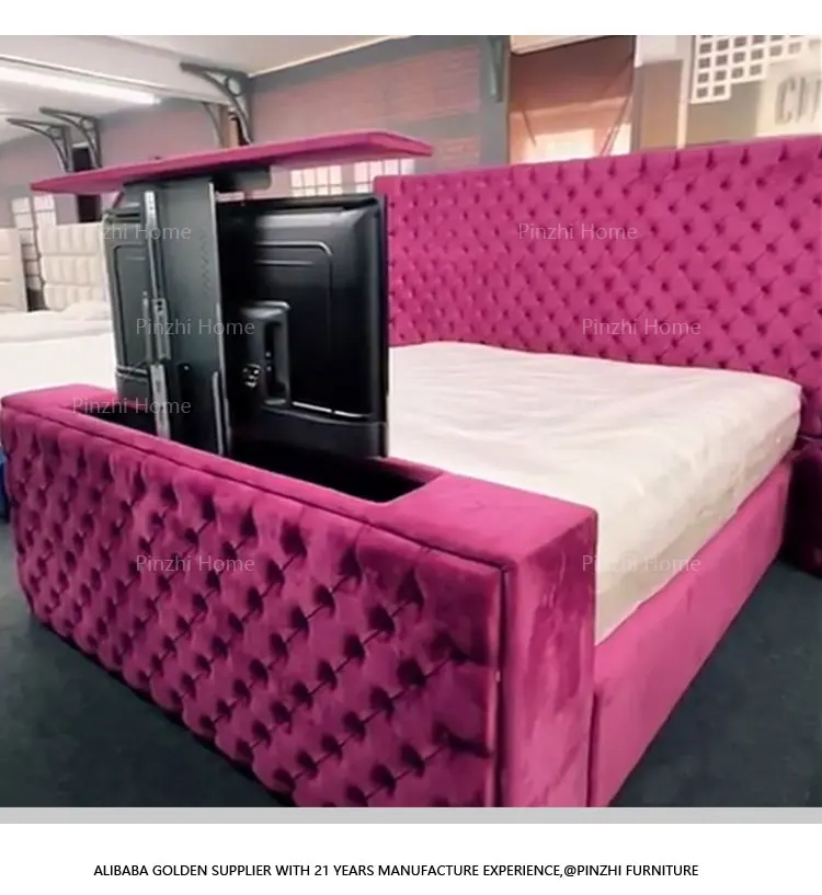 Modern Velvet Fabric Smart Bedroom Set Queen Bed With Tv Footboard