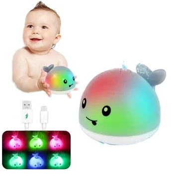 Baby whale bath toy with charging base, toddler light up bath fountain toys IPX8 waterproof bathtub toys for toddlers Gift