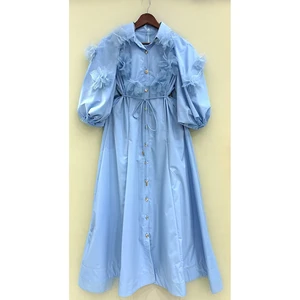 AELESEEN Vintage Fashion Midi Dress Women Puff Sleeve 3D Appliques Mesh Large Hem Design Turn-down Collar Short Sleeves Casual