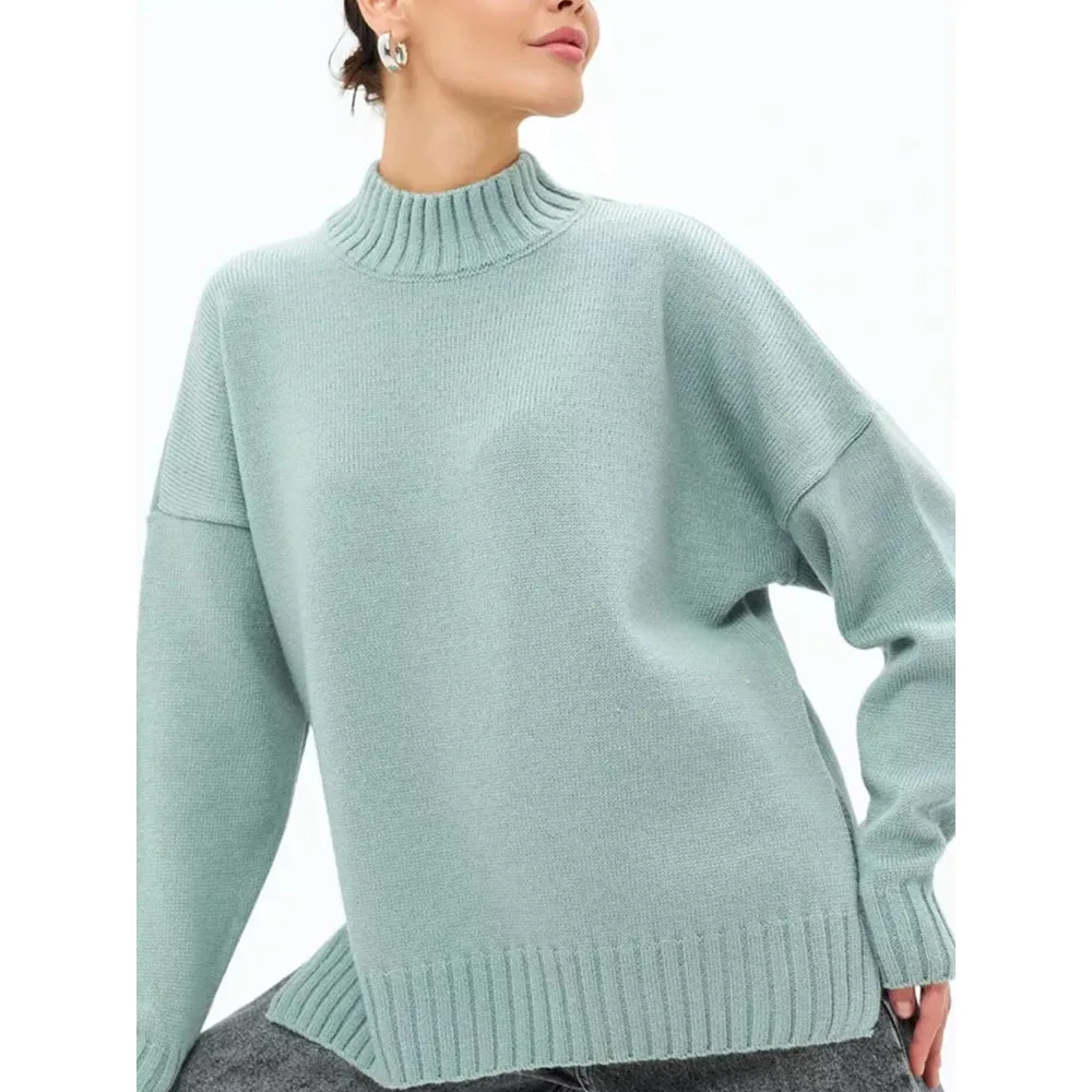 2024 ODM Factory Custom Russian Winter High Quality Mock Neck Turtleneck Knitted Oversized Split Sweater for Women