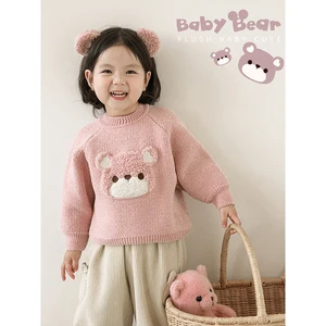 Customized Girls Bear Patch Embroidered Label Sweater 2023 Autumn Winter Children's Cute Soft Loose Raglan Top