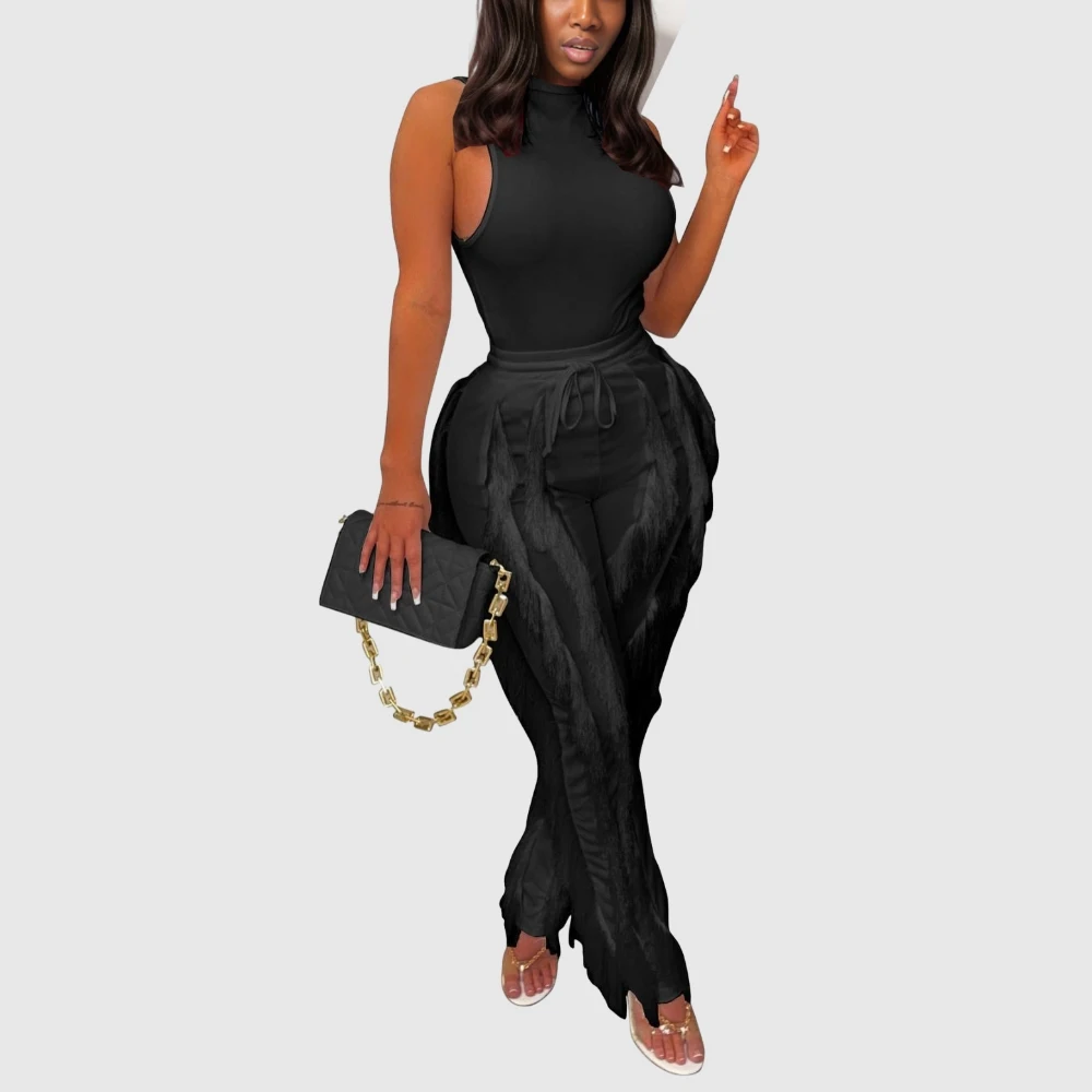 C0902TA8 High Quality Summer Solid Color Tassel Two Piece Pants Set Women Sehe Fashion