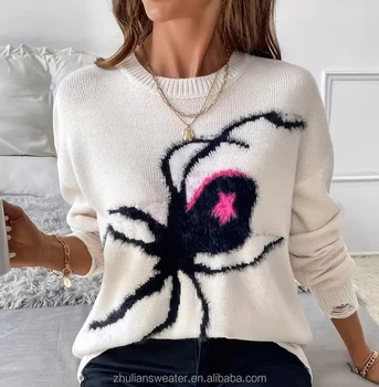 Women's Custom Logo Crew Neck Jacquard Sweater with Spider Pattern Fashion Casual Acrylic Blend Knitted Top