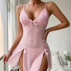Custom Women Sexy Floral Lace Satin Nightwear Breathable Soft Smooth Nylon Fashion Elegant OEM ODM Factory Direct Front Vacation