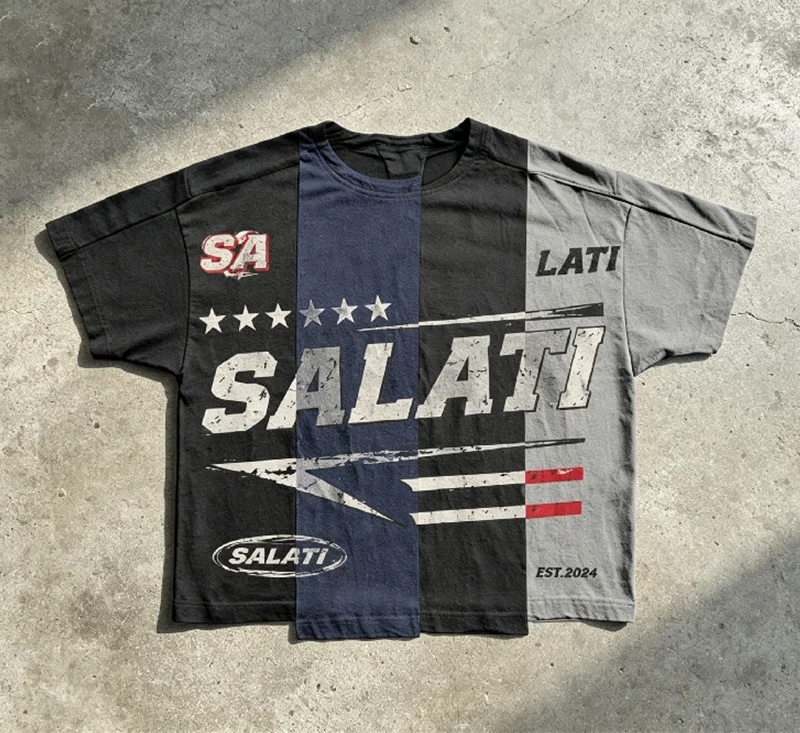 Salati Men's Fashion Striped Red Black Color Block Custom Pattern Streetwear Trend Hot Sale Wholesale Low Price T Shirts gallery 5
