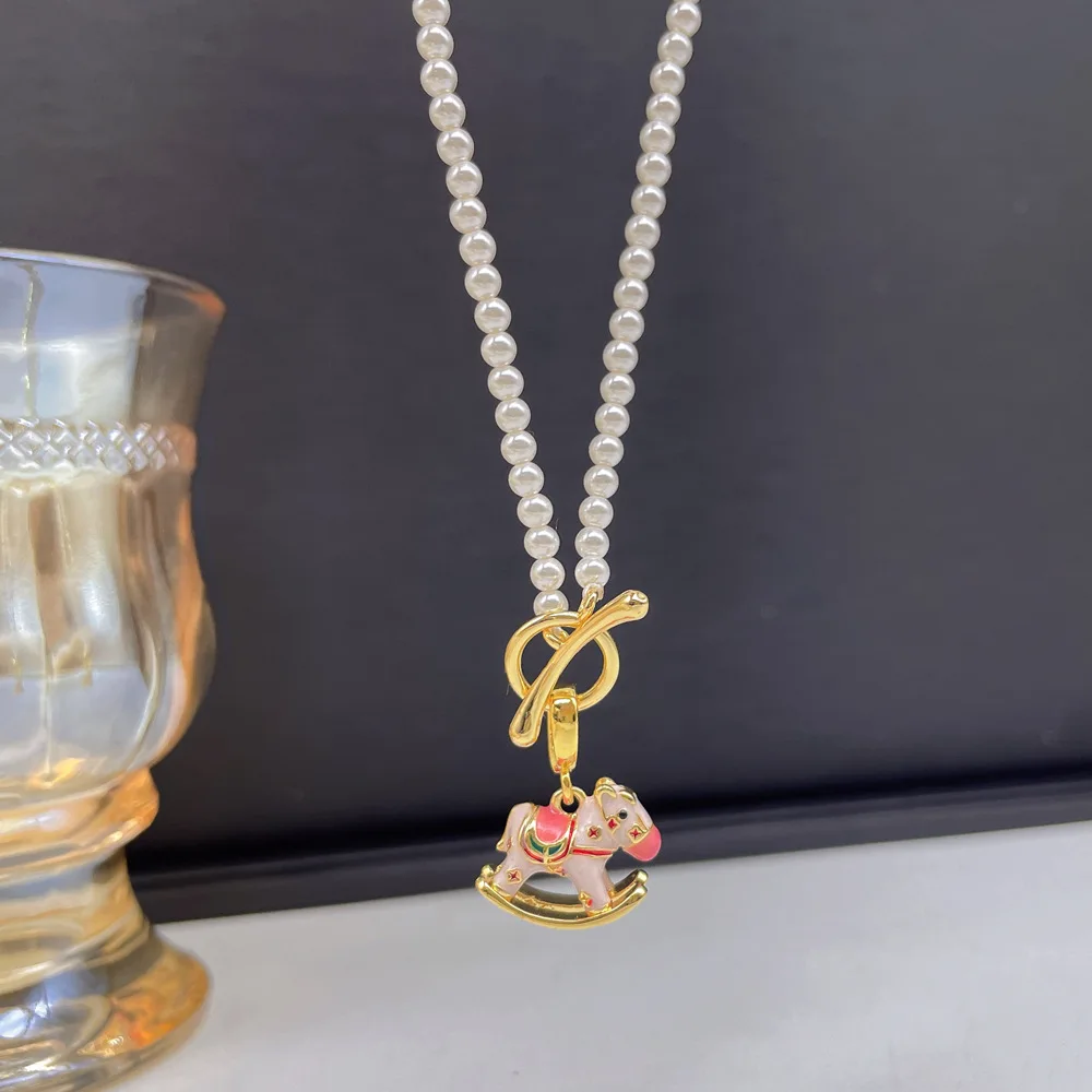 Candy Color Scheme pony Accessories Necklace Sweet Pearl Gold Plated Charms Trending Jewelry  Pendant Necklace for Girls