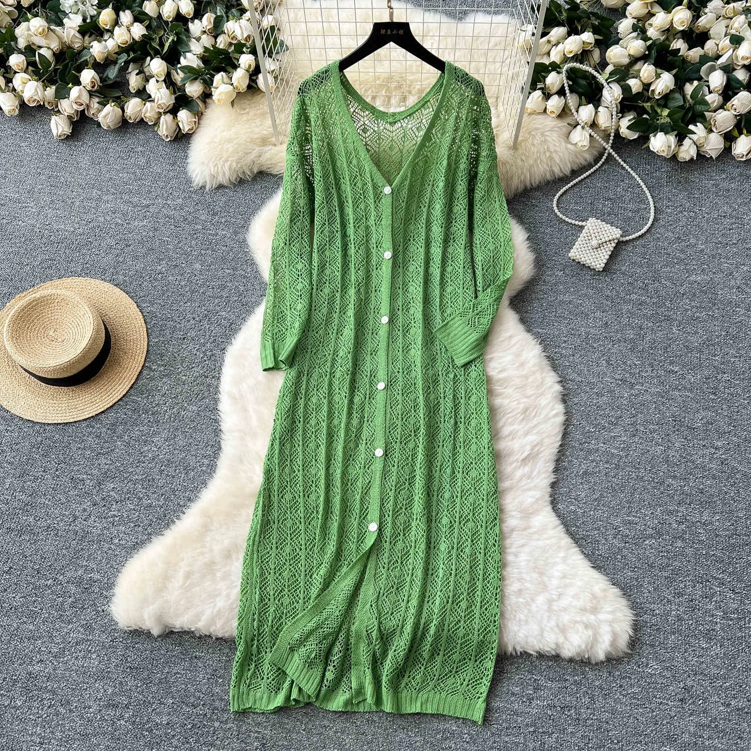 Women's Temperature Hollow Crochet Knit Cowl Dresses Outer Thin Cardigan Long Dresses Women's Temperature Hollow Crochet Knit Cowl Dresses Outer Thin Cardigan Long Dresses