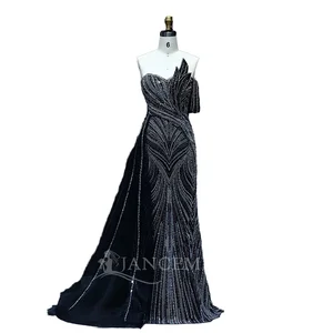 Customize Luxury Heavy Beaded Mermaid Floor-Length Natural Waist Breathable Evening Dress One Shoulder 3D Applique Golden Party