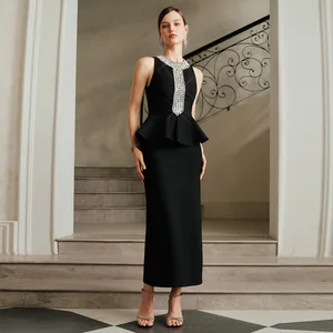 Bettergirl High-quality Round Neck Diamond Sleeveless Black Long Dress Simple Tight Elegant Bandage Formal Dress
