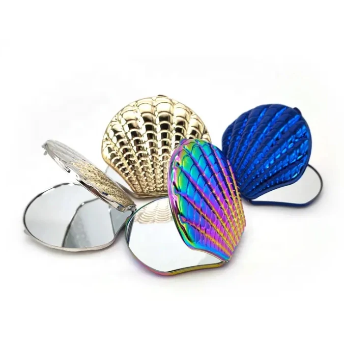 Wholesale Shell Shape Small Metal Makeup Mirror Foldable Double Sided Portable Makeup Mirror