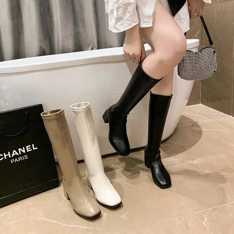 2023 New Styles Solid Color Square Toe Chunky Heel Knee High Boots Fashion Back Zipper Leather Long Boots for Women