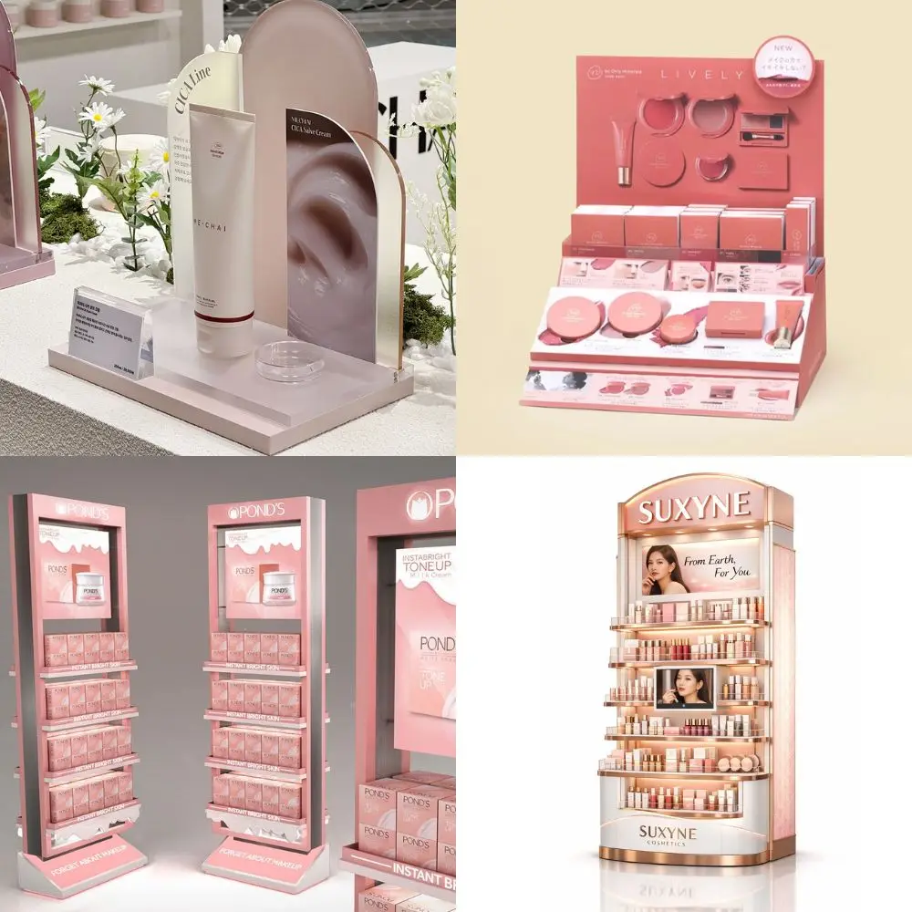 Custom pink countertop and freestanding cosmetic displays featuring LED illumination and elegant acrylic designs by TERMEIN Display