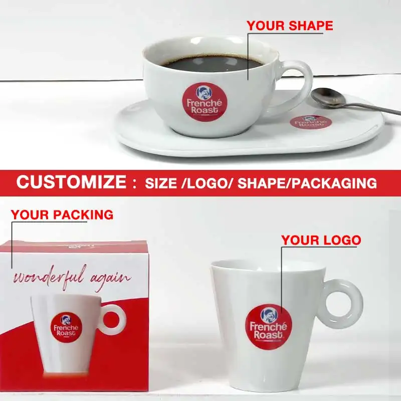 Custom Logo Ceramic Coffee Cup Set Print Porcelain Stackable Espresso Cups with Saucers and Metal Stand