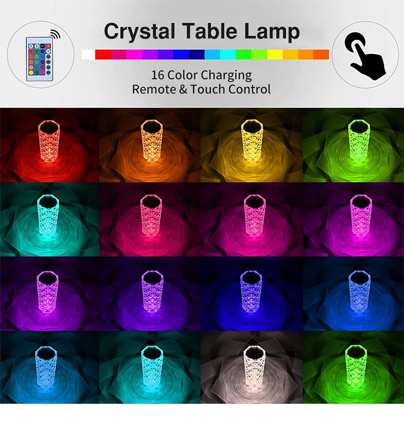 16 Color Changing Rose Crystal Diamond Table Lamp: A stunning glass lamp with diamond-cut surface technology, offering 16 mesmerizing colors. Illuminate your space with elegance and charm.