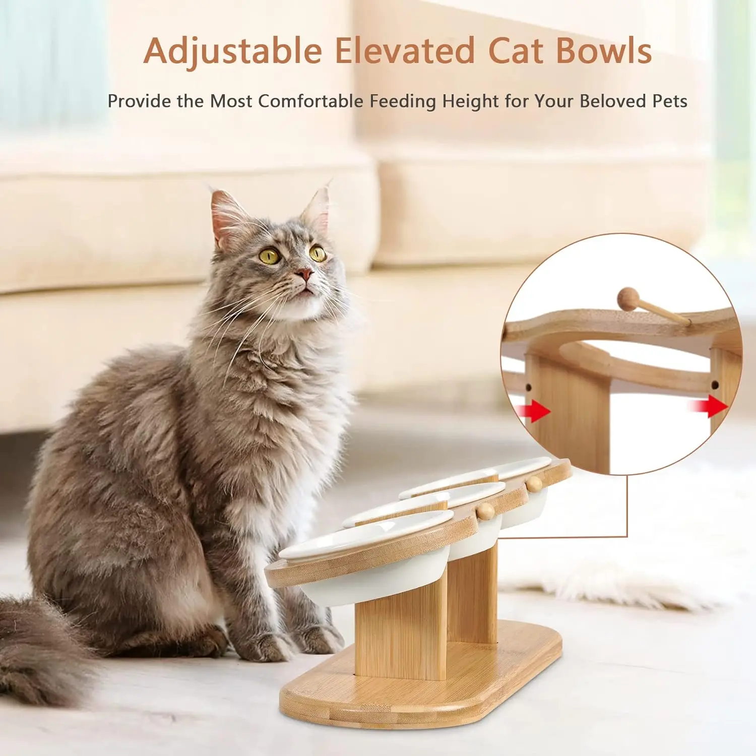 product custom pet bowl stand adjustable bamboo elevated cat and dog bowl stand 3 height raised pet feeder for food and water storage-2