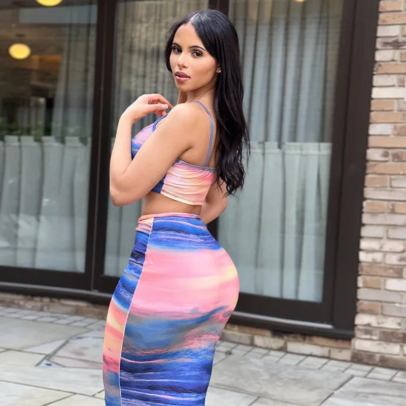 Spaghetti Strap Crop Top and Long Pencil Skirt 2 Piece Set Elegant New Printed Fall 2023 Women Clothes