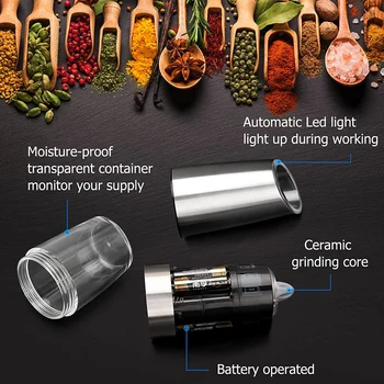 Electric Gravity Salt and Pepper Grinder – 6 AAA Batteries Powered