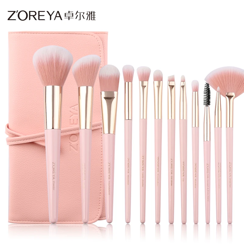 ZOREYA 12 pcs makeup brush with pink bag makeup brush set