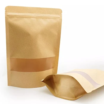 Biodegradable Brown Kraft Paper Stand Up Doypack Ziplock Pouches Resealable Dried Food Packaging Zipper Bag With Window